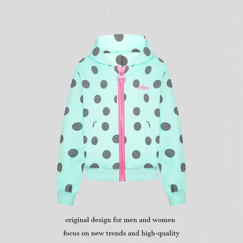 Women's cropped hooded zip jacket with large polka dot pattern and decorative zipper Amarae