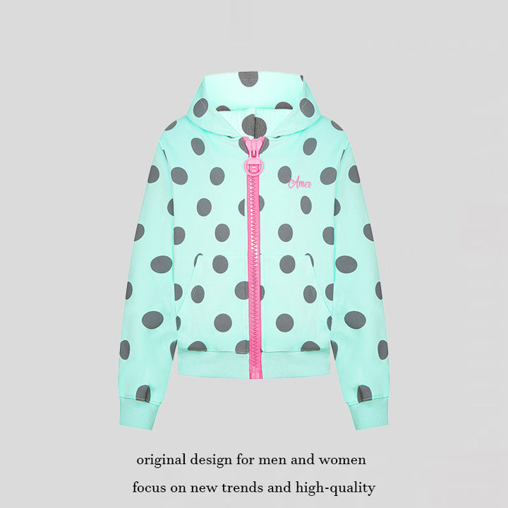 Women's cropped hooded zip jacket with large polka dot pattern and decorative zipper Amarae