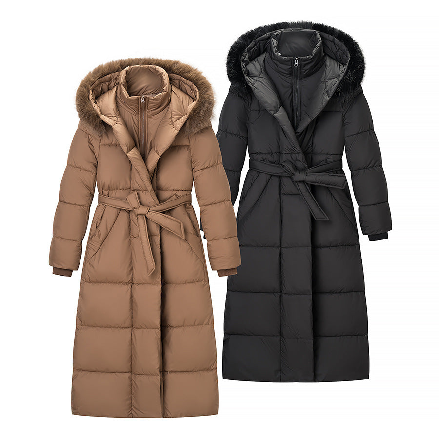 Women's Longer Quilted Down Coat with Hood, Faux Fur Trim and Waist Belt Amarae
