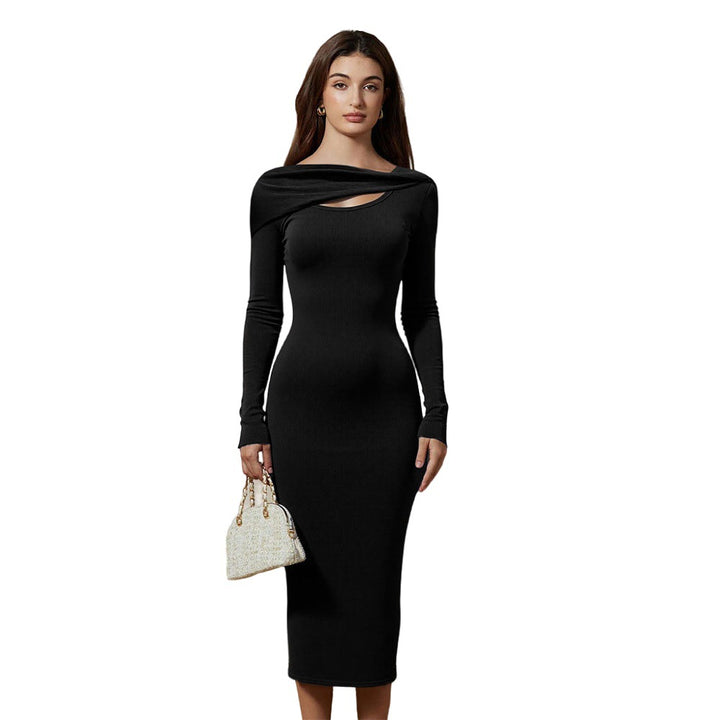 Robe longue à manches longues pour femme, moulante, avec décolleté asymétrique et design drapé élégant Chic & Stil