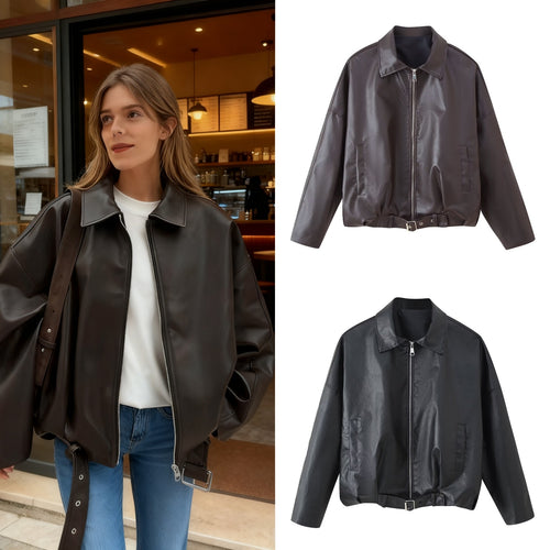 Faux leather jacket for women with high collar and practical pockets Amarae