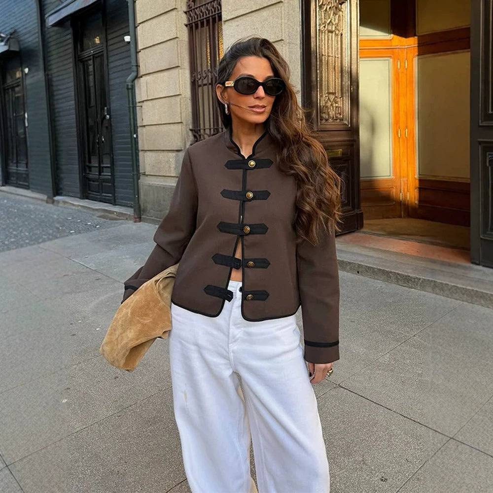 Women's Short Military-Inspired Jacket with Stand-Up Collar and Decorative Button Placket Amarae