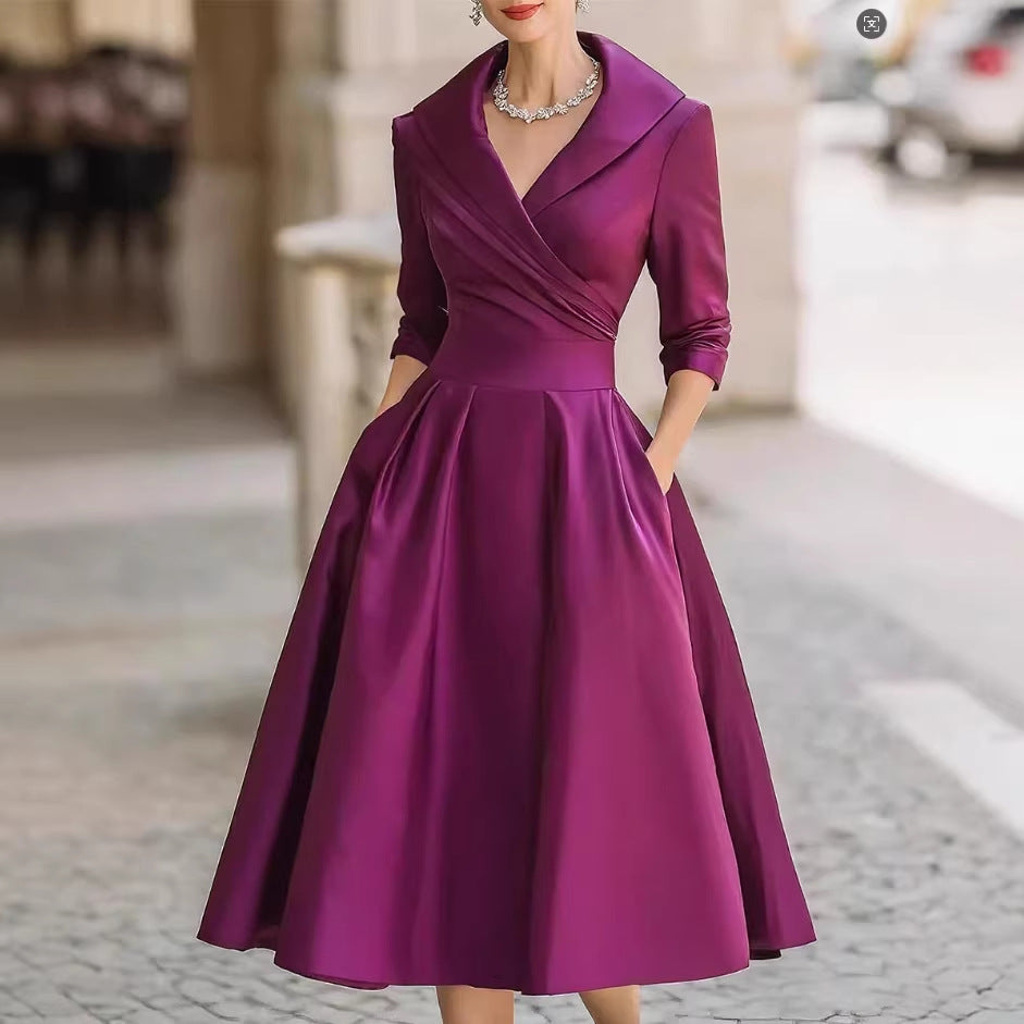 Women's Elegant Satin Midi Dress with Wrap Top, Mid-Length Sleeves and Side Pockets Amarae
