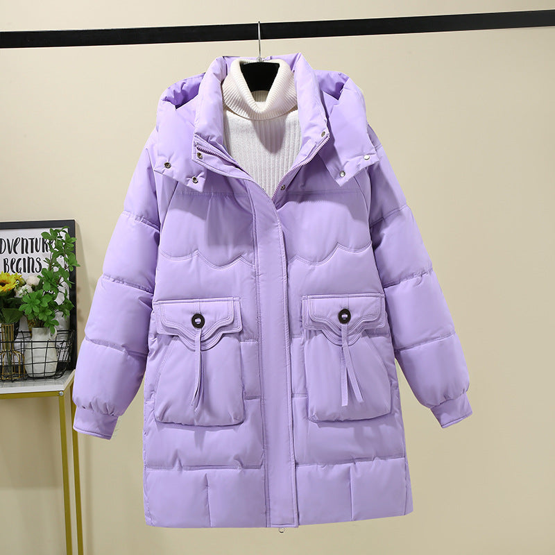 Ladies Long Puffer Jacket with practical hood collar and large pockets Lune London
