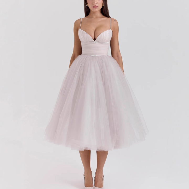 Ladies tulle dress with an elegant A-line silhouette and adjustable spaghetti straps Lune London