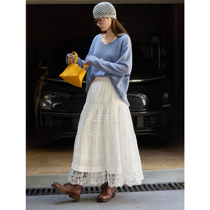 Women Long Tiered Skirt with Lace Layers and Elastic Waistband Amarae