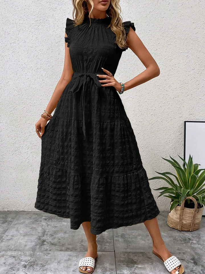 Midi dress for women with ruffled sleeves and belt at the waist Lune London