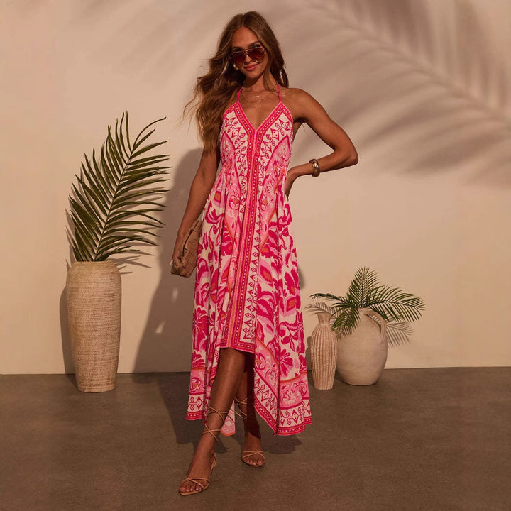 Ladies Airy Maxi Dress with Playful Halterneck Design and Floral Accents Lune London