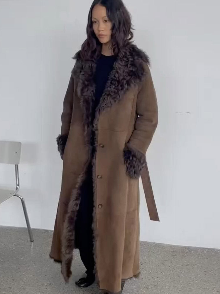 Women's Maxi-Length Faux Velvet Coat in Shearling Style with Shawl Collar and Button Placket Amarae
