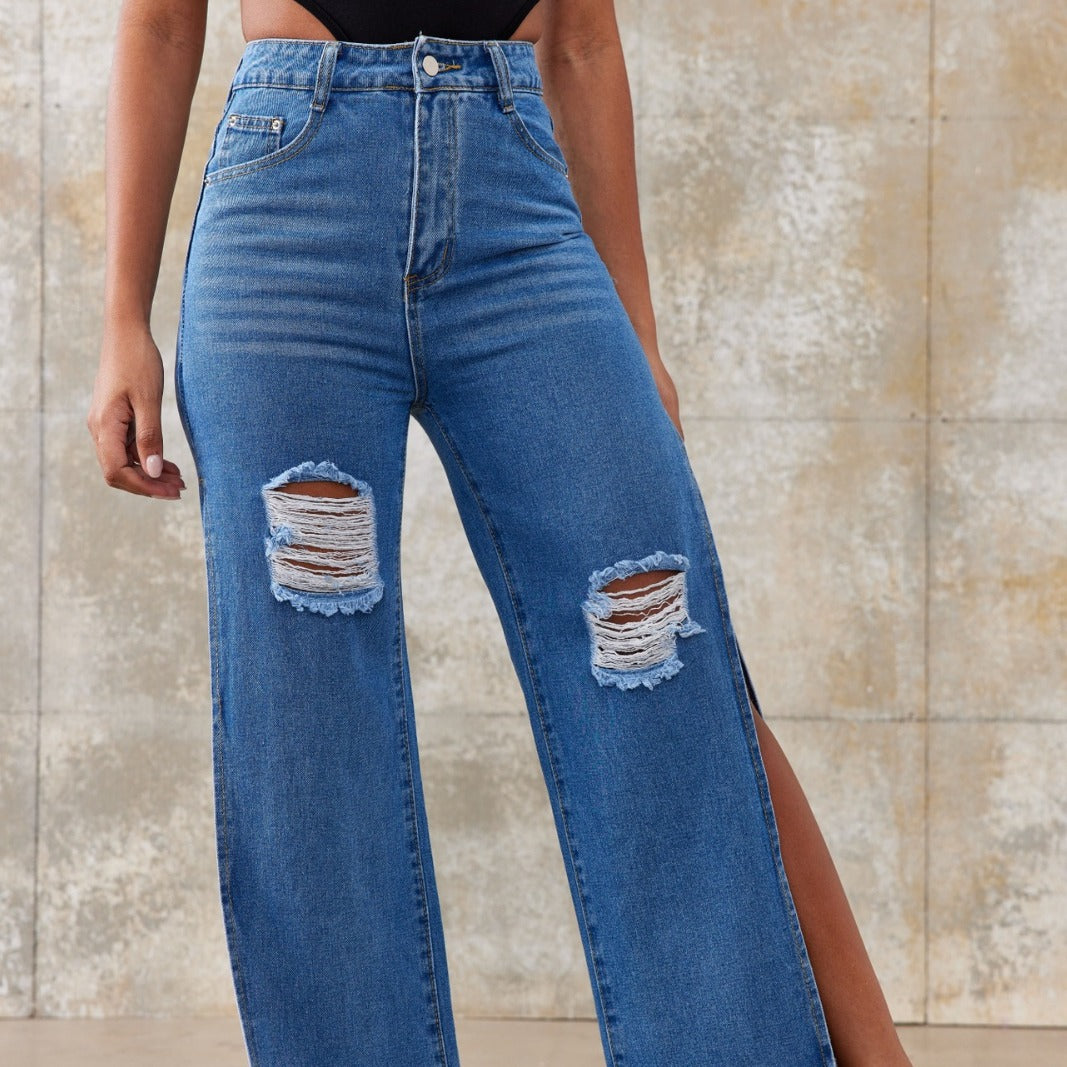 Women's high-waisted wide-leg jeans with large knee rips and side leg slits Amarae