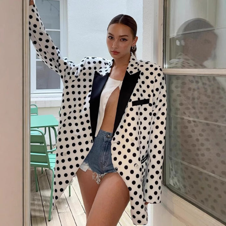 Women's Oversized Polka Dot Blazer with Contrasting Lapels and Boxy Silhouette Amarae