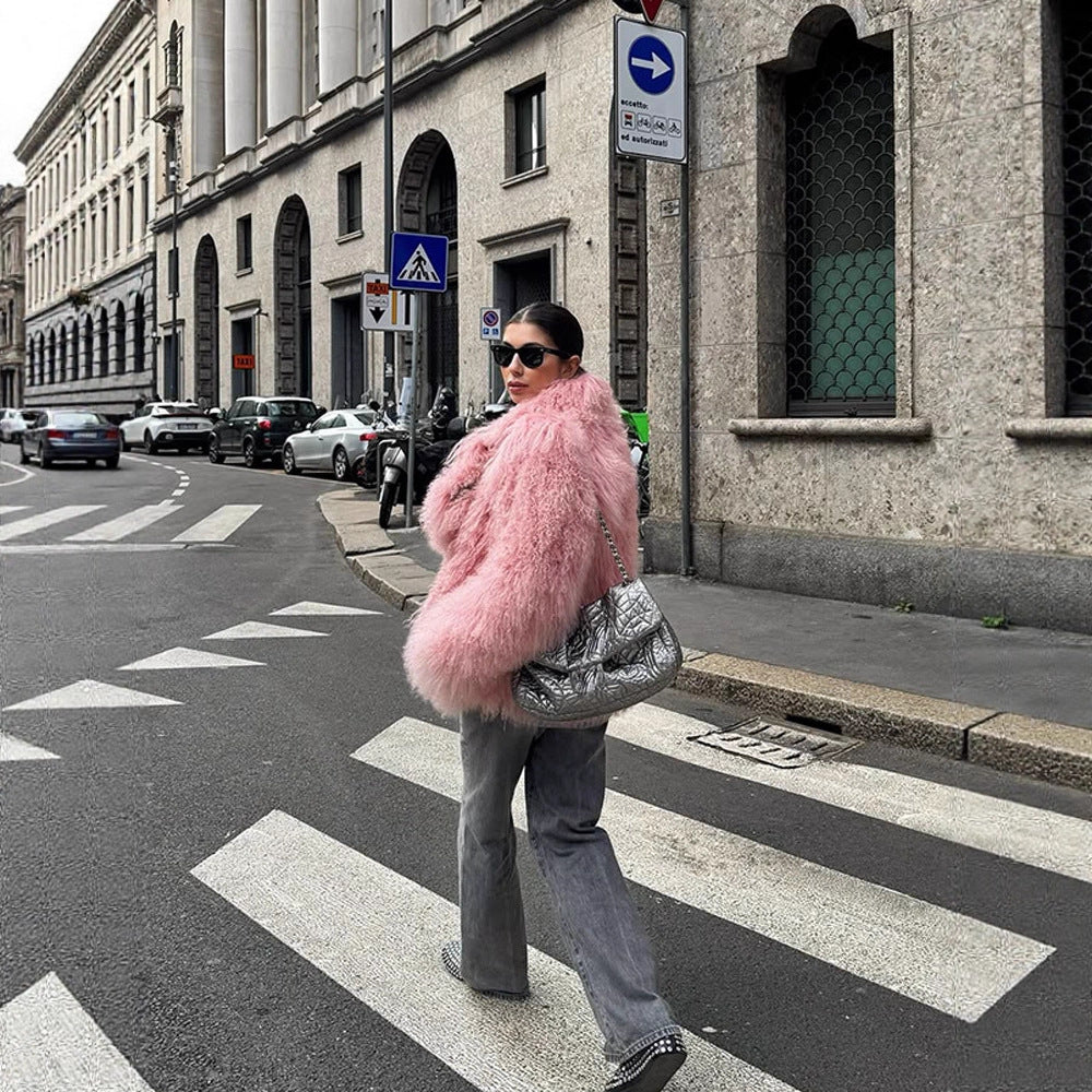 Women Short Cut Shaggy Faux Fur Coat with voluminous Shawl Collar and Oversized Silhouette Amarae