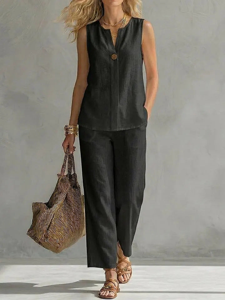 Women's Casual Two-Piece Set with Sleeveless Blouse and Trendy Pants Lune London