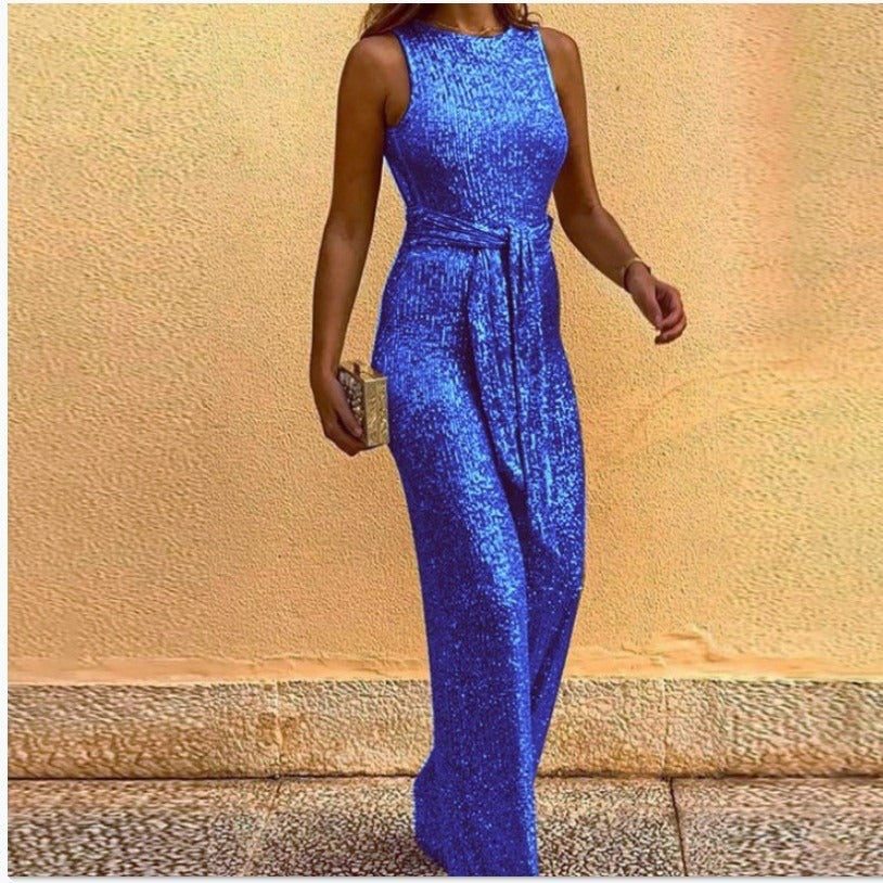 Women's Glamorous Maxi Dress with Shiny Sequin Trim and Elegant Waist Tie