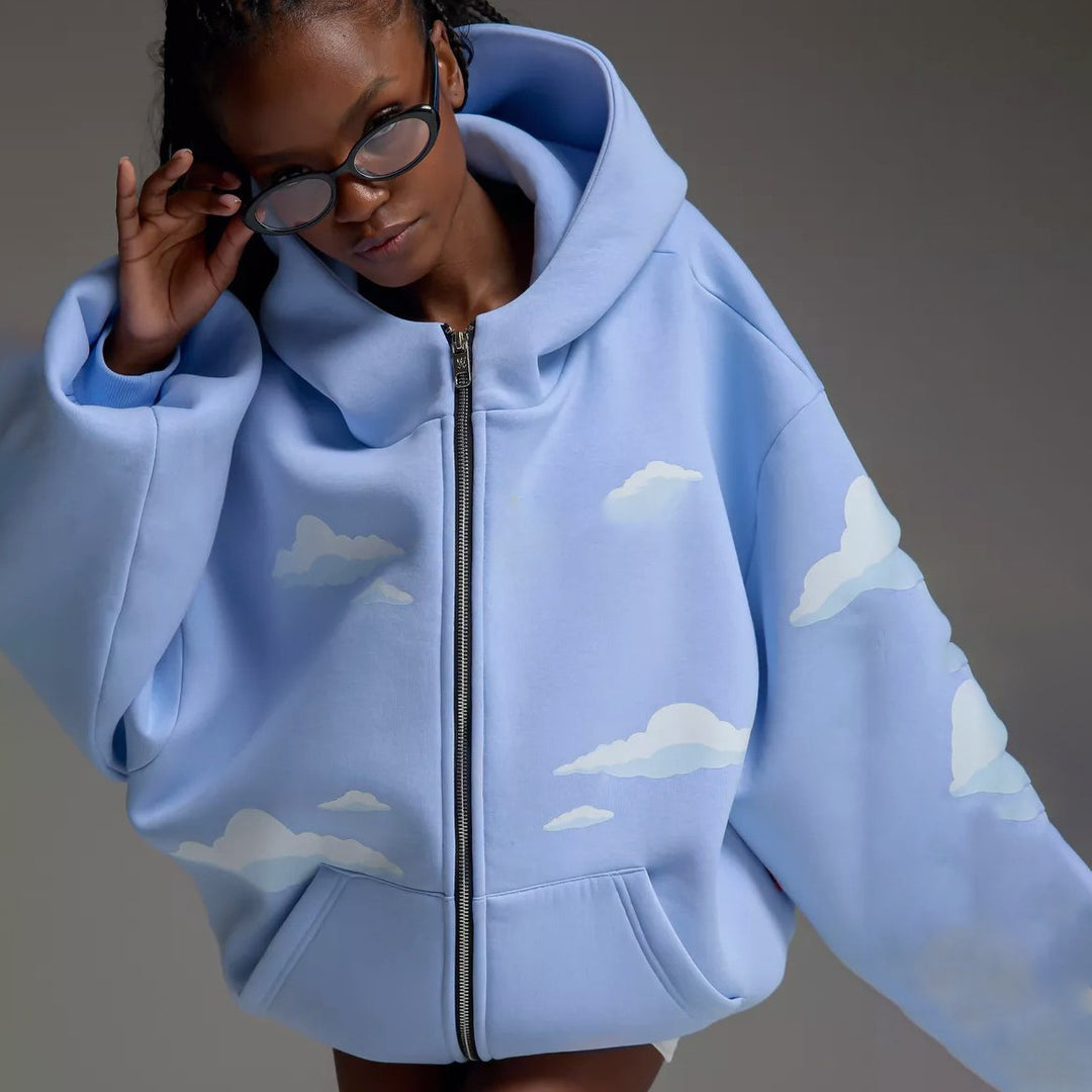 Oversized hooded jacket for women with airy cloud patterns Lune London