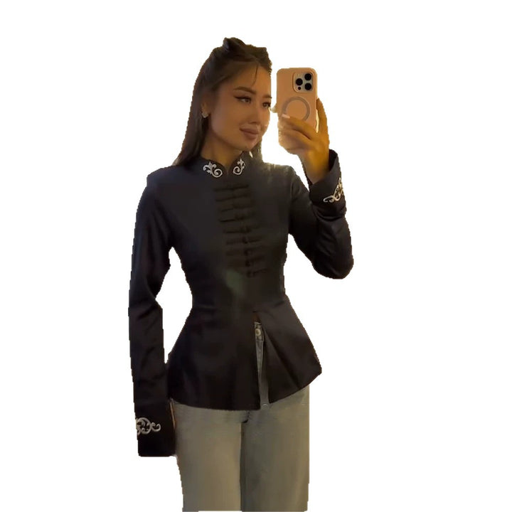 Women tailored satin jacket with mandarin collar, decorative cord closures and embroidered cuffs Amarae