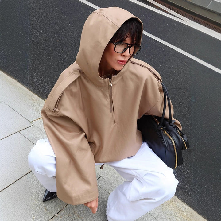Women's Oversize Hoodie Jacket with Half Zipper and Shoulder Yoke Amarae