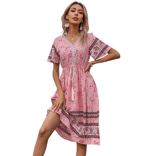 Bohemian casual mid-length dress for women with fringe tie detail Amarae