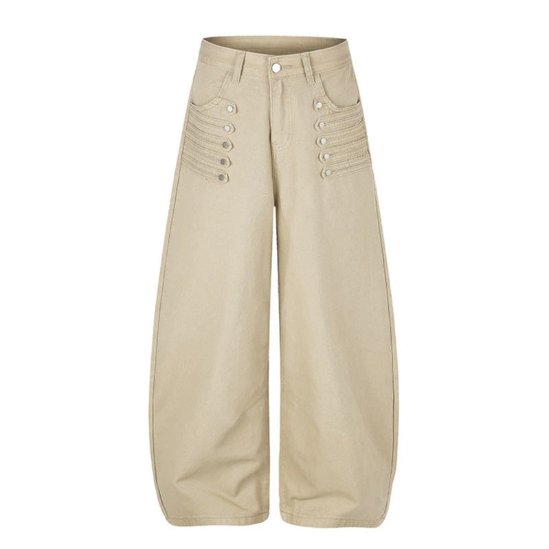 Women High-Cut Palazzo Pants with Wide Balloon Leg and Decorative Button Placket Amarae