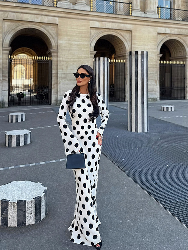 Women's Figure-Hugging Polka Dot Maxi Dress with Trumpet Sleeves & Round Neckline Amarae