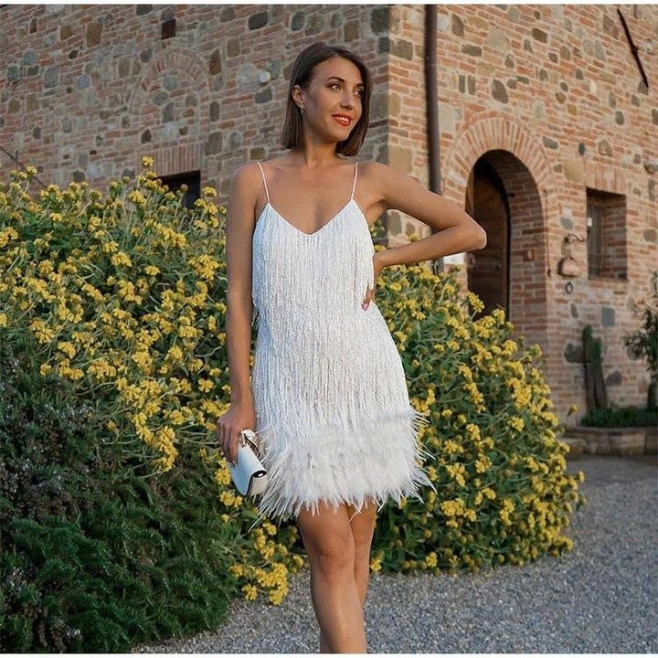 Lune London | Neckline Strap Dress with Feather Embroidery