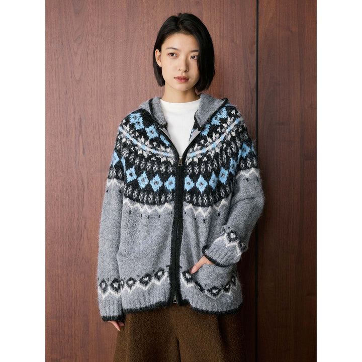 Ladies hooded cardigan made of mohair blend with Norwegian knit and zipper Amarae