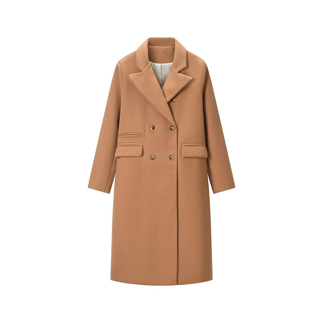 Women's Double-Breasted Long Coat with Wide Lapel Collar and Flap Pockets Amarae