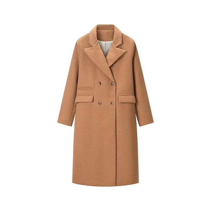 Women's Double-Breasted Long Coat with Wide Lapel Collar and Flap Pockets Amarae