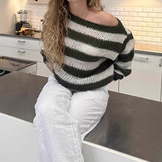 Pull en tricot pour femmes avec un large motif rayé et des manches volumineuses Lune London