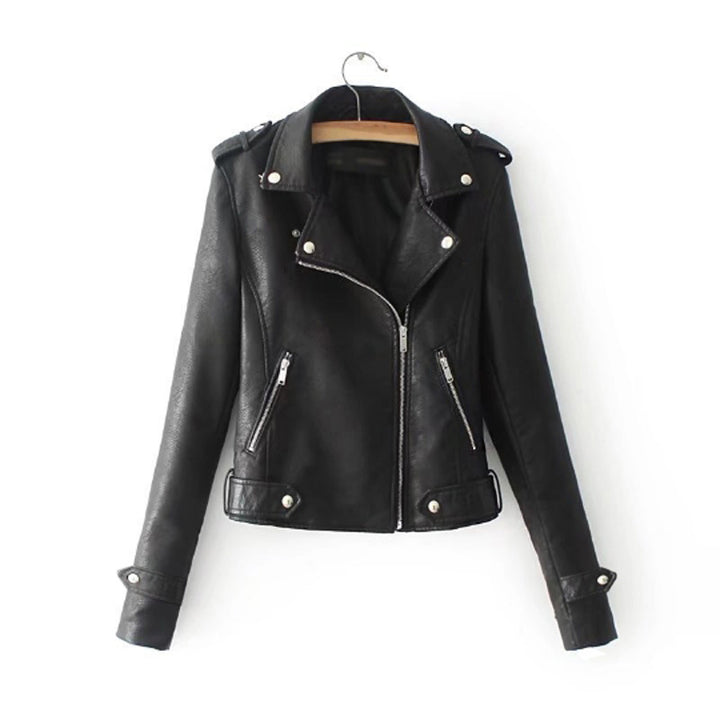 Women's faux leather motorcycle jacket with asymmetrical zipper and decorative studs Lune Londonl