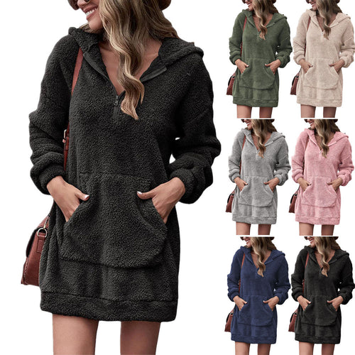Cozy fleece dress for women with hood and pockets Amarae