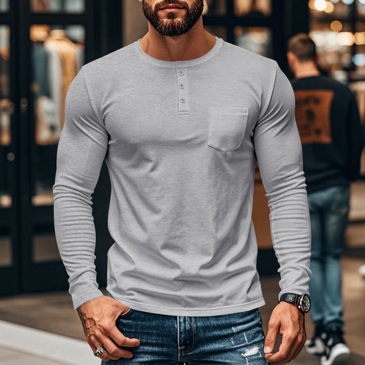 Men's long-sleeve shirt with modern Henley neckline and practical chest pocket Chic and style