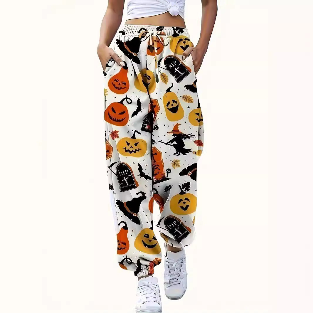 Casual pants for women with colorful Halloween pattern and elastic waistband Lune London