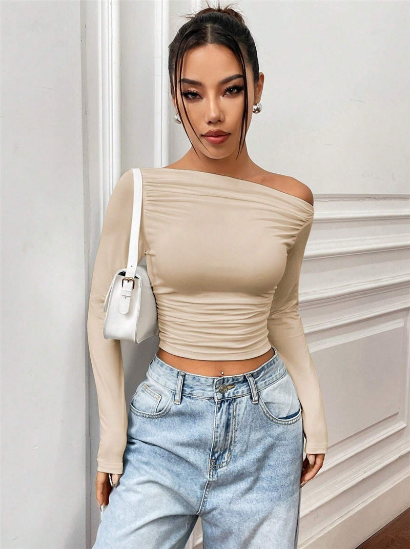 Women Long Sleeve Off Shoulder Top with Ruching Lune London