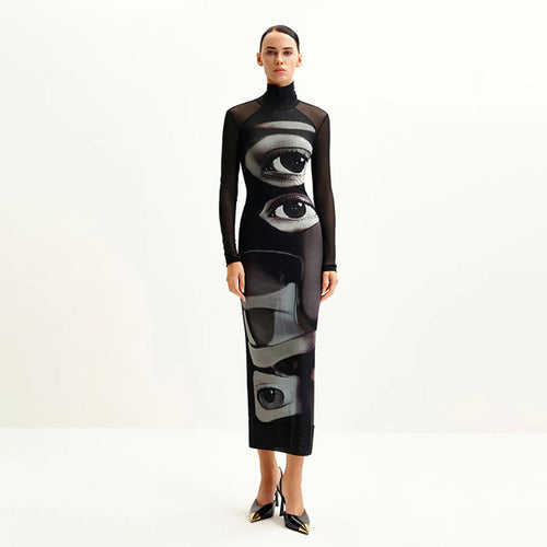 Women's Long Sleeve Maxi Dress with Graphic Pattern and High Neck Collar Amarae