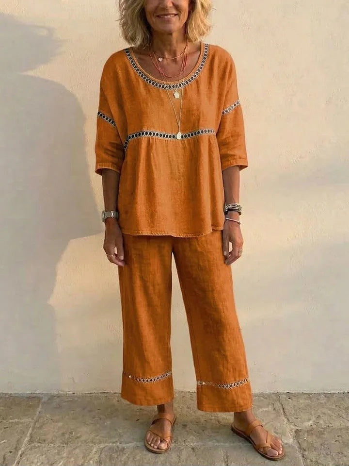 Women's Complete Linen Loungewear Suit with Airy Fit and Lace Accents Chic & Stil