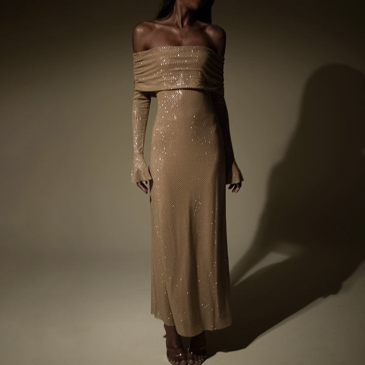 Lune London off-shoulder sparkling evening dress