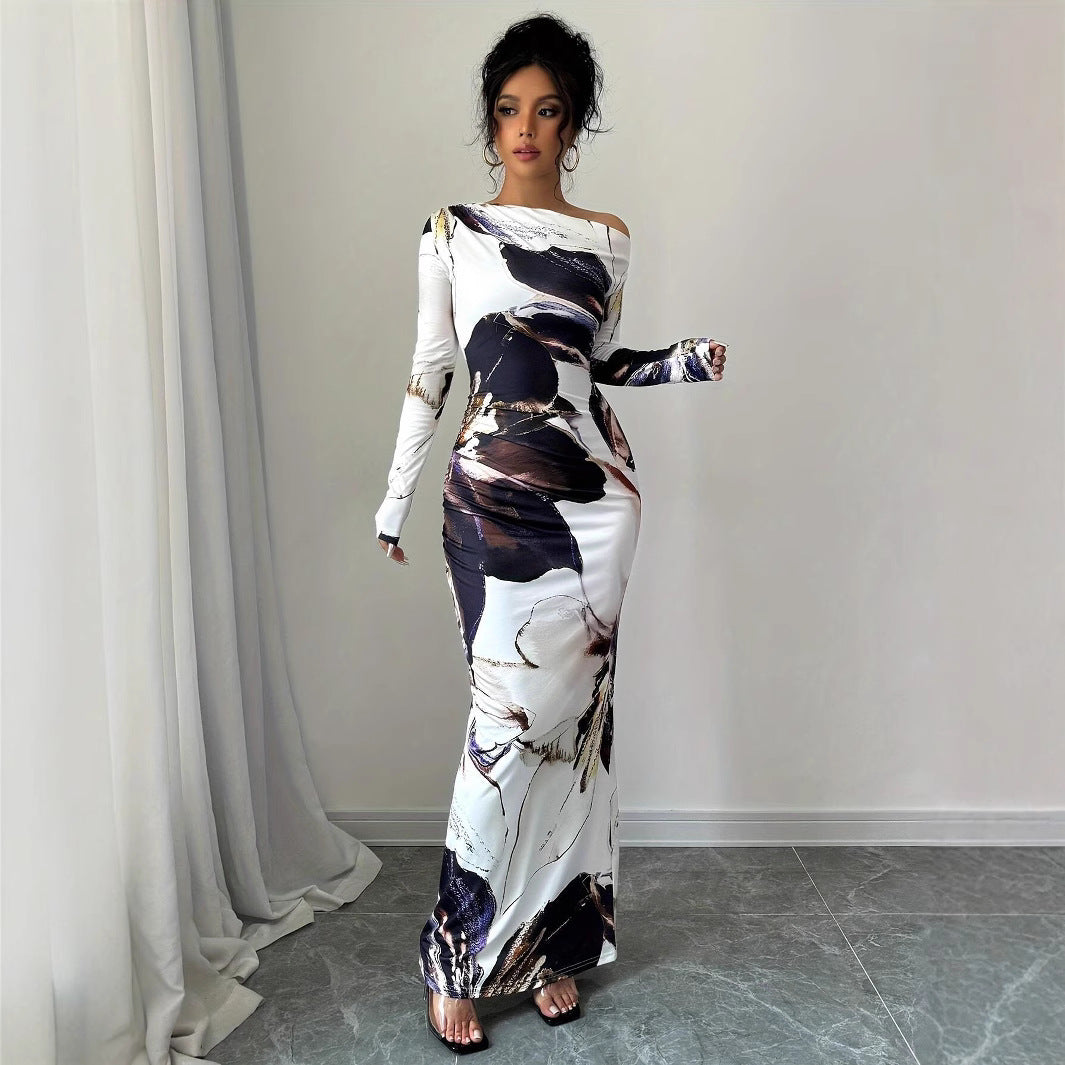 Ladies Elegant Maxi Dress with asymmetrical neckline and floral design Lune London