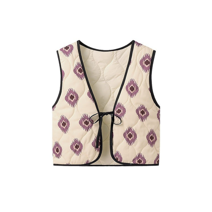 Women Padded Short Quilted Vest with Tie and Allover Print Amarae