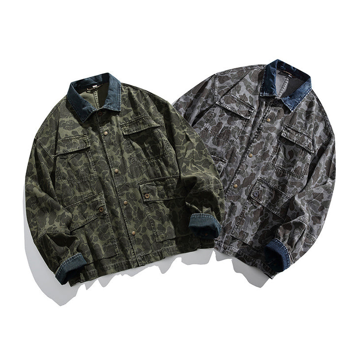 Men's Boxy Jeans Jacket in Camouflage Pattern with Contrast Collar and Multiple Pockets Amarae
