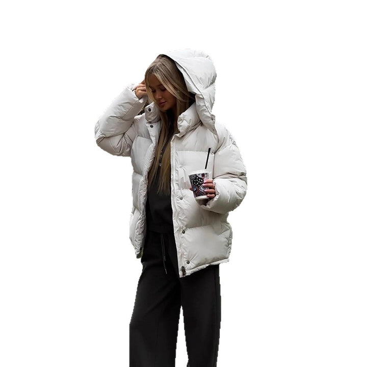 Ladies Short Windproof Quilted Puffer Jacket with Removable Hood and High Stand Collar Amarae