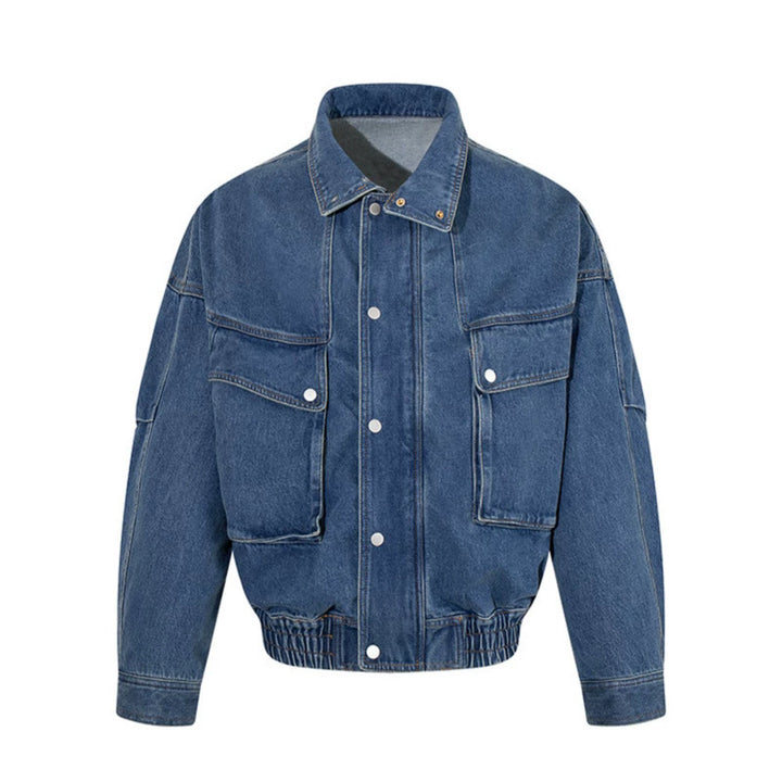 Women's Oversized Denim Jacket with Stand-up Collar, Press Stud Placket and Patch Cargo Pockets Amarae