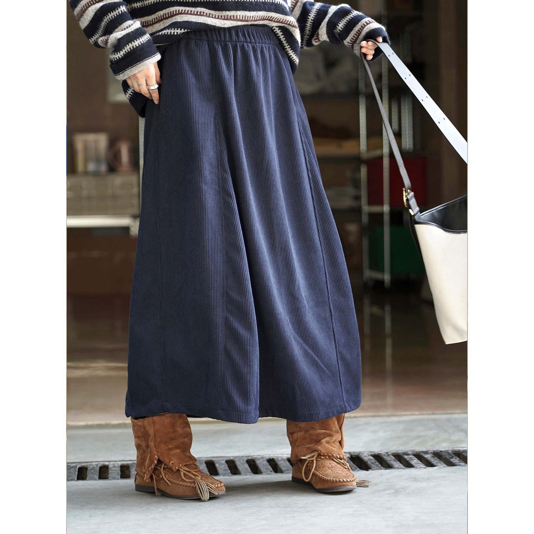 Women's Long Cord Skirt with High Elastic Waist and A-Line Silhouette Amarae