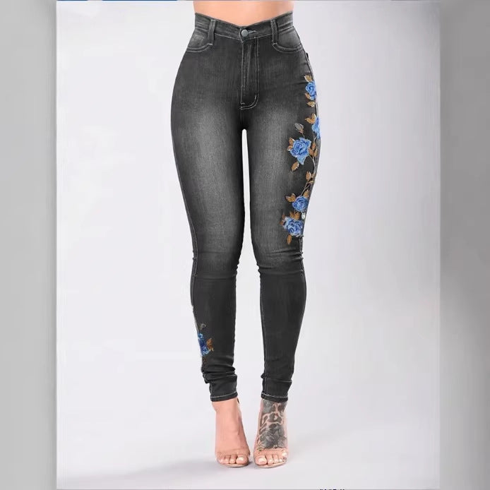 Women High-Waisted Sculpting Skinny Jeans with Side Floral Embroidery Amarae