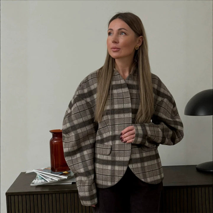 Women's Checked Boxy Blazer with Voluminous Balloon Sleeves Amarae