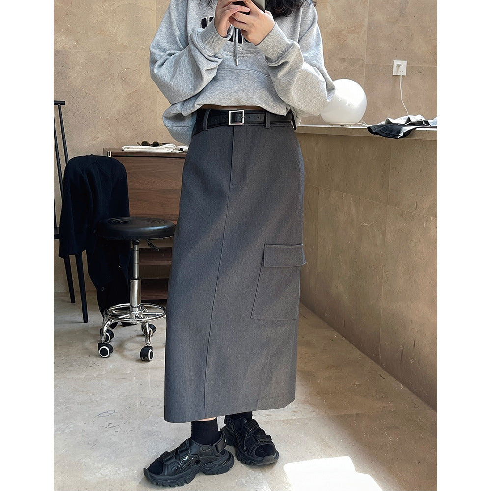 Women High-Waisted Midi Skirt with Straight Fall, Patch Cargo Pocket and Belt Loops Amarae