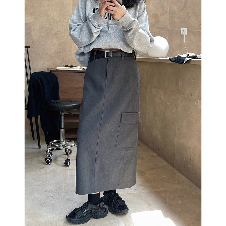 Women High-Waisted Midi Skirt with Straight Fall, Patch Cargo Pocket and Belt Loops Amarae