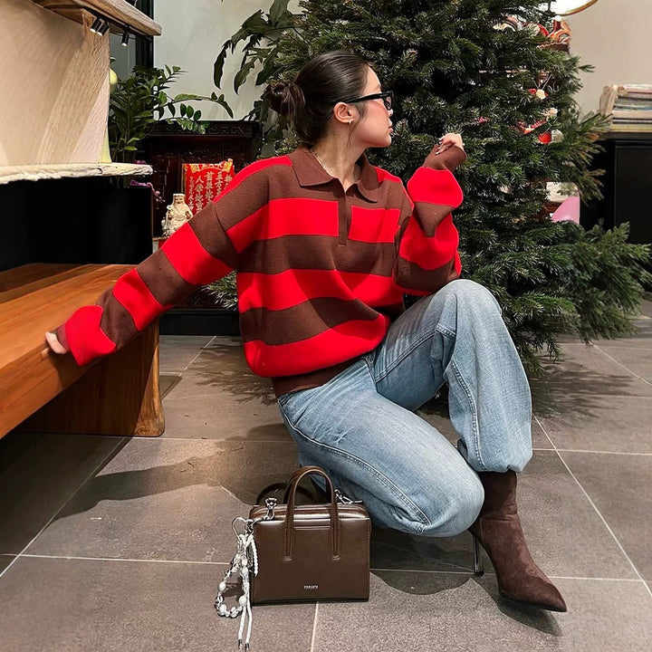 Women Oversize Rugby Knitted Sweater with Polo Collar & Wide Block Stripes Amarae