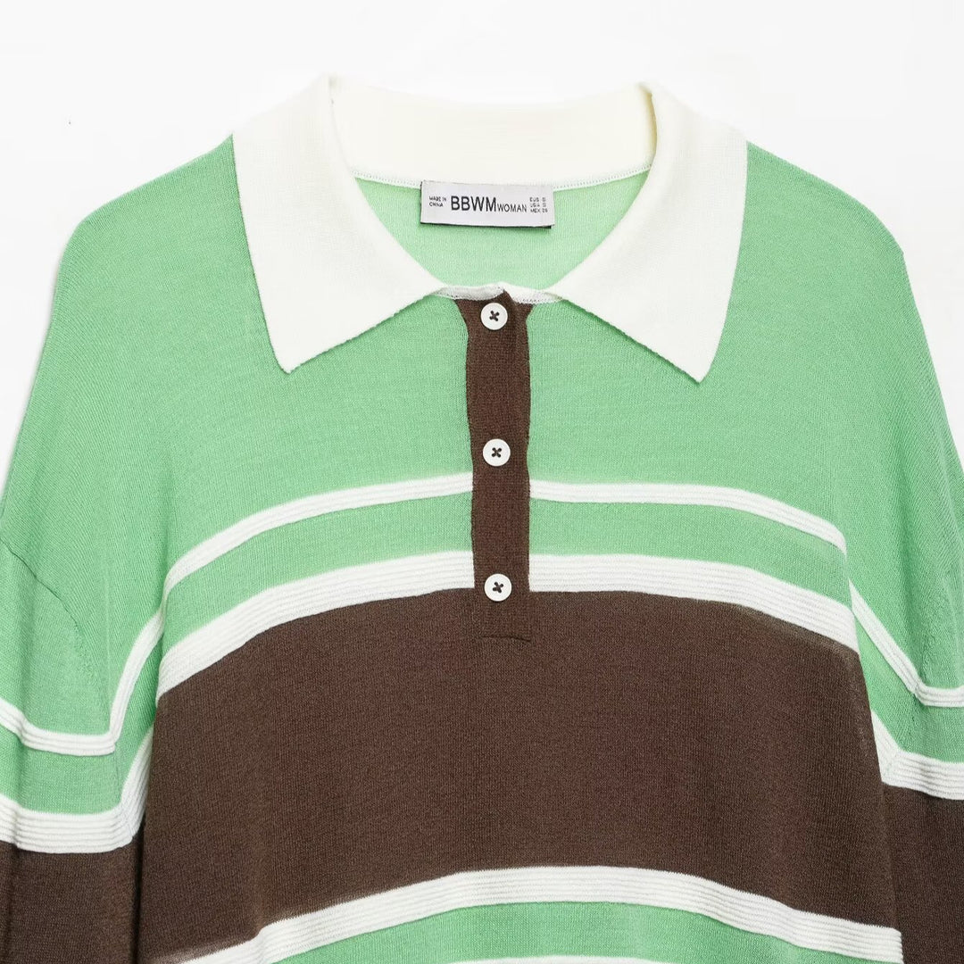 Women's Cropped Polo Shirt - Knitted Sweater with Rugby Stripes, Shirt Collar and Ribbed Hem Amarae
