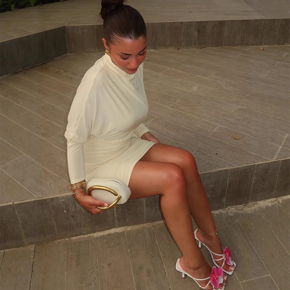 Women Tailored Mini Dress with High Stand Collar & Side Draping Amarae